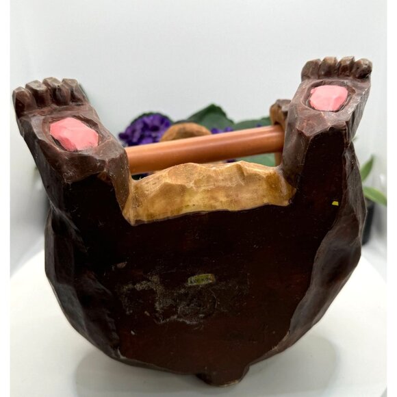 Hand-Carved Faux Wooden Bear Toilet Paper Holder Wall Mountable - Picture 9 of 9